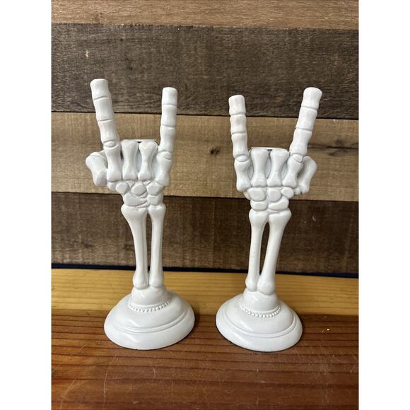 Hyde & EEK Skeleton Hand Candle Holder 9" White Resin Spooky Set Of 2 - Picture 1 of 5